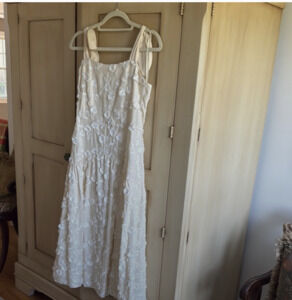 Rebecca Taylor Ivory Embroidered Midi Dress with Ribbon Straps